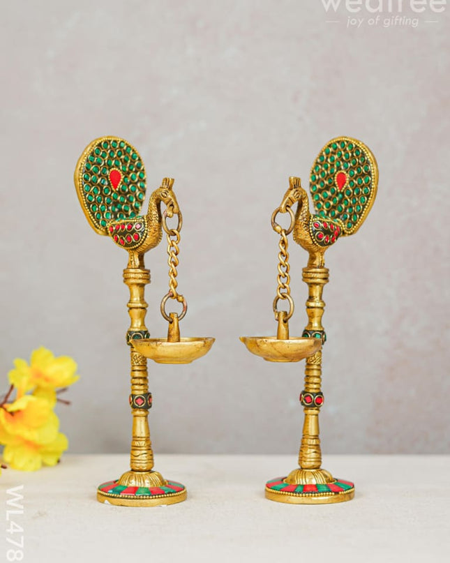 Brass Peacock Hanging Diya With Stone Work (Set Of 2) - Wl4781