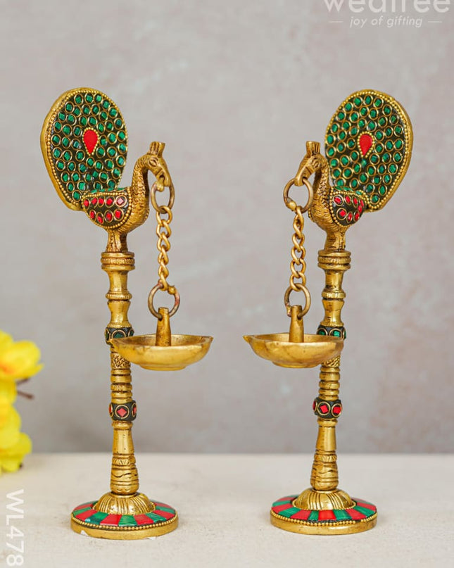 Brass Peacock Hanging Diya With Stone Work (Set Of 2) - Wl4781