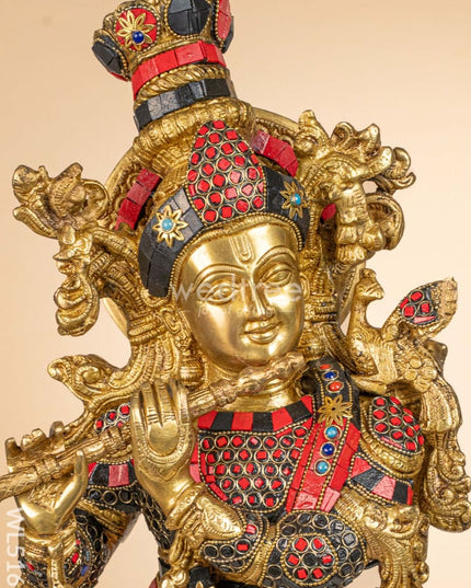 Brass Radha-Krishna Idol with Stone Work - 27 inch - WL5162 Brass Decor