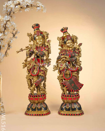 Brass Radha-Krishna Idol with Stone Work - 27 inch - WL5162 Brass Decor