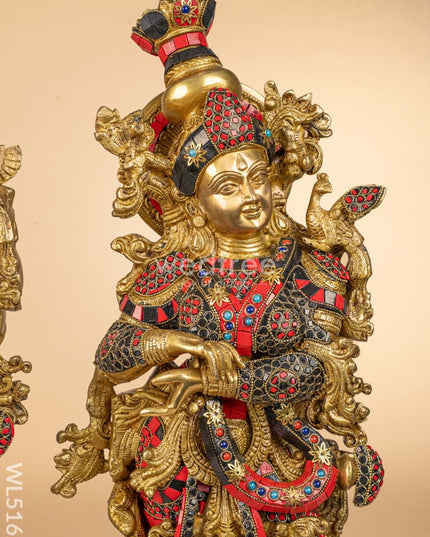 Brass Radha-Krishna Idol with Stone Work - 27 inch - WL5162 Brass Decor