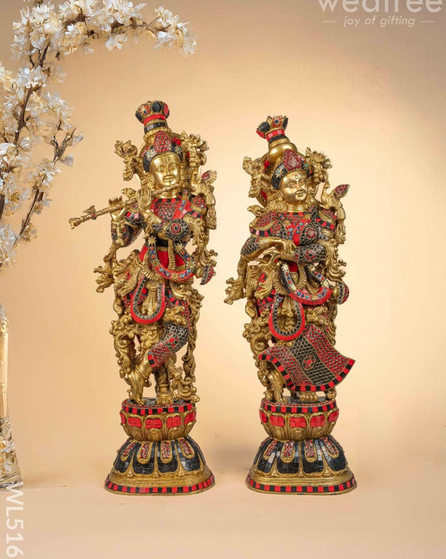Brass Radha-Krishna Idol with Stone Work - 27 inch - WL5162 Brass Decor