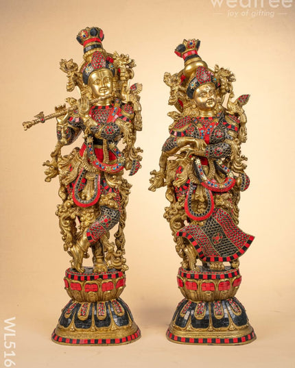 Brass Radha-Krishna Idol with Stone Work - 27 inch - WL5162 - Brass Figurines