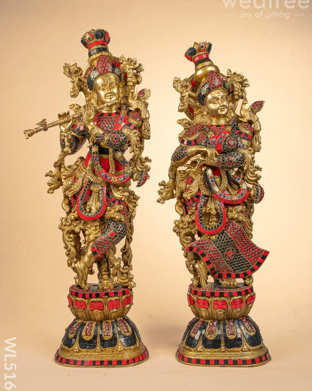 Brass Radha-Krishna Idol with Stone Work - 27 inch - WL5162 - Brass Figurines