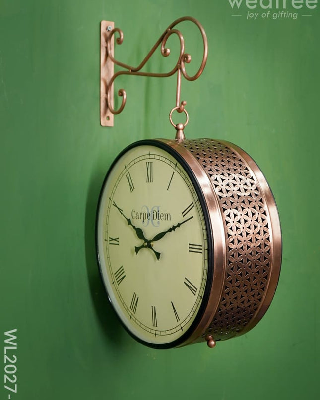Railway Clock - 12 Inches Wl2027 Floral Jalli Pattern Copper Finish Wl2027-2 Wall Clocks