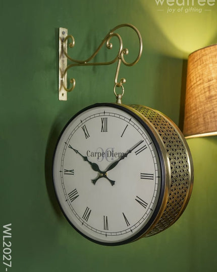 Railway Clock - 12 Inches Wl2027 Floral Jalli Pattern Brass Finish Wl2027-1 Wall Clocks