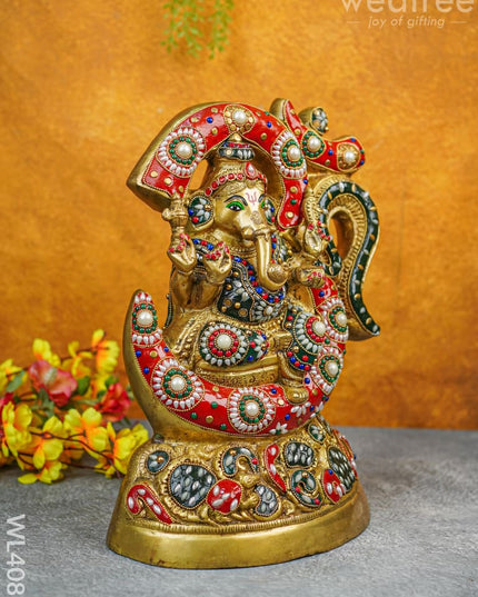 Brass Seated Ganesha Idol With Multicolour Stone Work - Wl4088 Figurines
