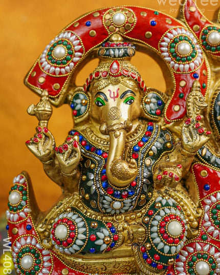 Brass Seated Ganesha Idol With Multicolour Stone Work - Wl4088 Figurines