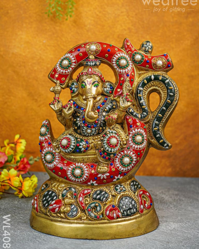 Brass Seated Ganesha Idol With Multicolour Stone Work - Wl4088 Figurines