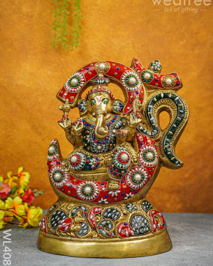 Brass Seated Ganesha Idol With Multicolour Stone Work - Wl4088 Figurines