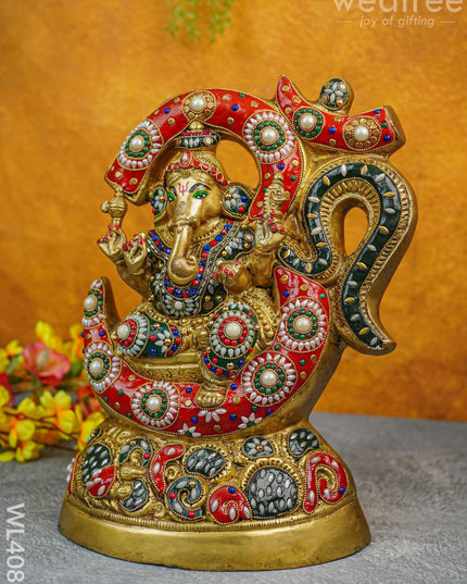 Brass Seated Ganesha Idol With Multicolour Stone Work - Wl4088 Figurines