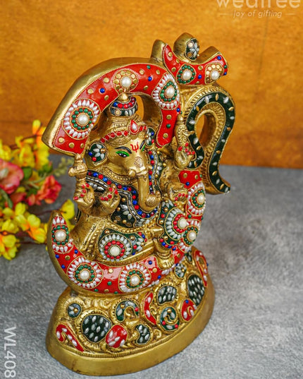 Brass Seated Ganesha Idol With Multicolour Stone Work - Wl4088 Figurines