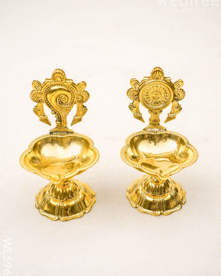 Brass Shankh Chakra Diya - 3 inch - Set of 2 - WL5962 - Brass Diya