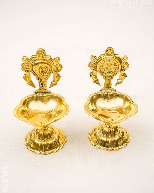 Brass Shankh Chakra Diya - 3 inch - Set of 2 - WL5962 - Brass Diya