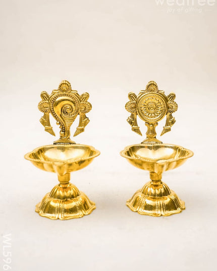 Brass Shankh Chakra Diya - 3 inch - Set of 2 - WL5962 - Brass Diya
