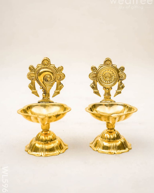 Brass Shankh Chakra Diya - 3 inch - Set of 2 - WL5962 - Brass Diya
