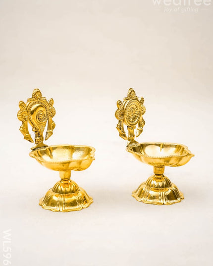 Brass Shankh Chakra Diya - 3 inch - Set of 2 - WL5962 - Brass Diya