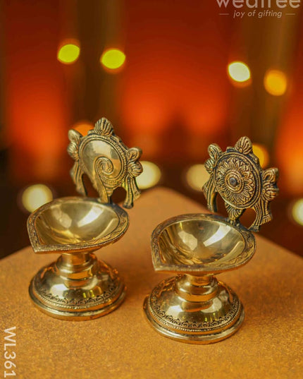 Brass Shanku Chakra Diya With Stand - Set Of 2 Wl3611