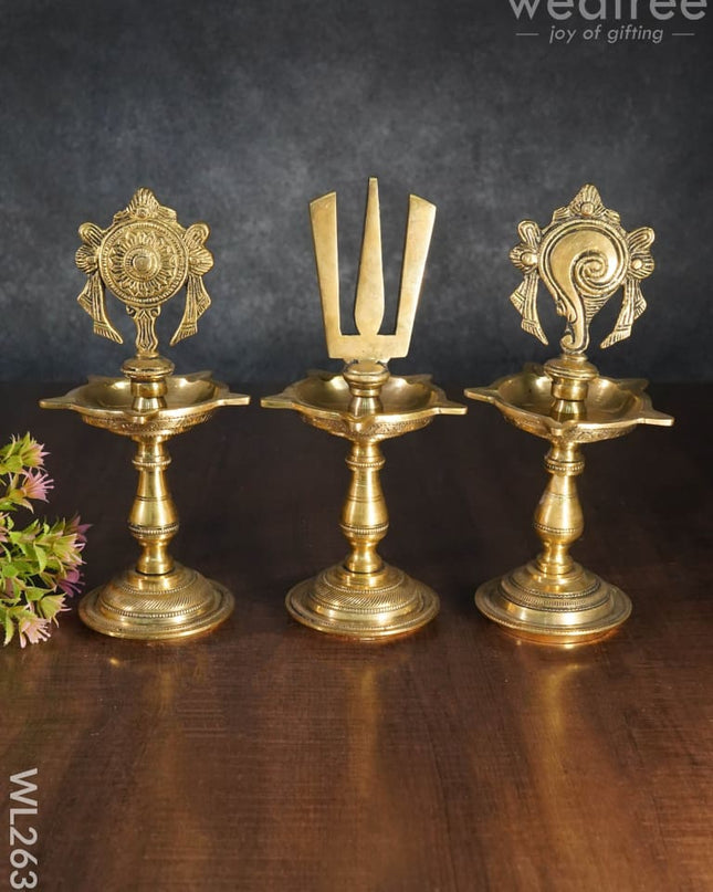 Brass Shanku Chakra Naama Five Face Diya - Set Of 3 Wl2635
