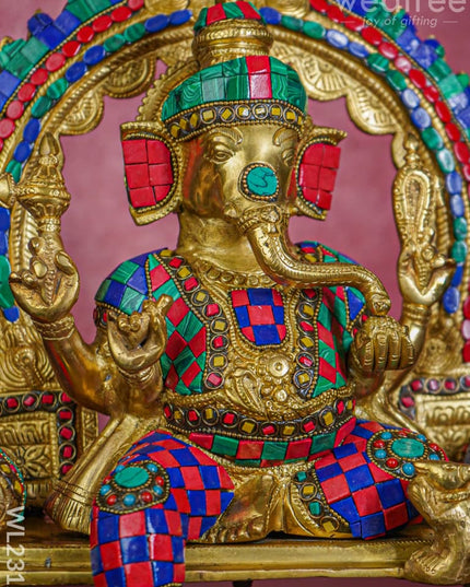 Brass Simhasan Ganesha With Tile Work - Wl2312 Figurines