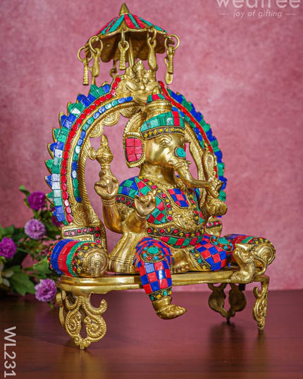 Brass Simhasan Ganesha With Tile Work - Wl2312 Figurines