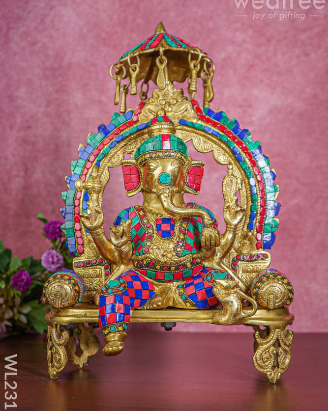 Brass Simhasan Ganesha With Tile Work - Wl2312 Figurines