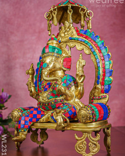Brass Simhasan Ganesha With Tile Work - Wl2312 Figurines