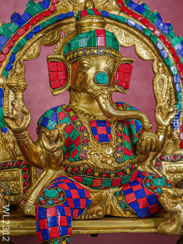 Brass Simhasan Ganesha With Tile Work - Wl2312 Figurines