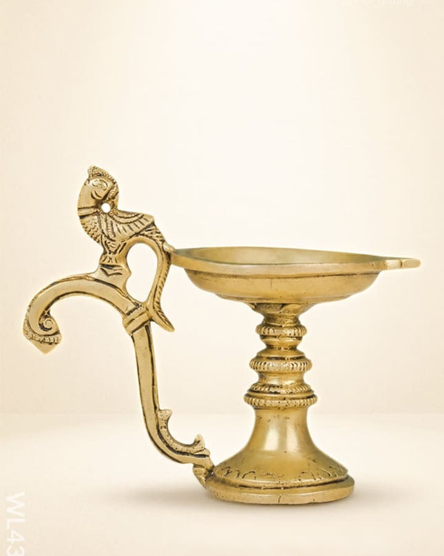 Brass Single Face Round Diya with Handle - WL4357 - Brass Diya