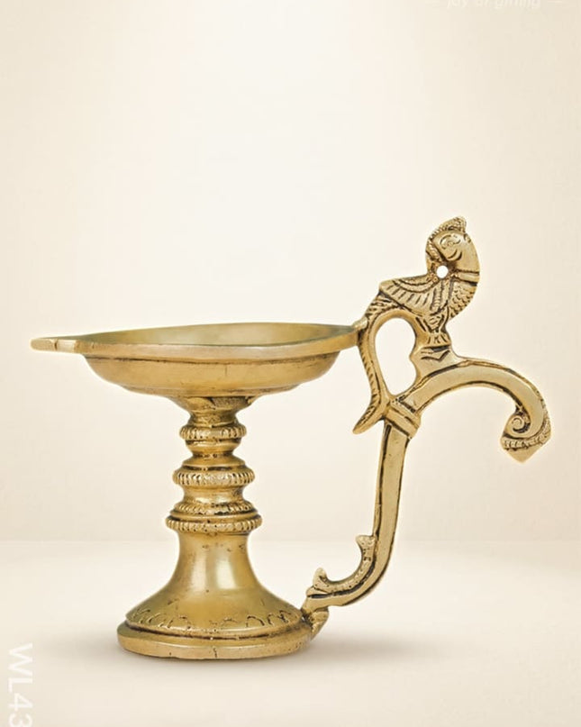 Brass Single Face Round Diya with Handle - WL4357 - Brass Diya