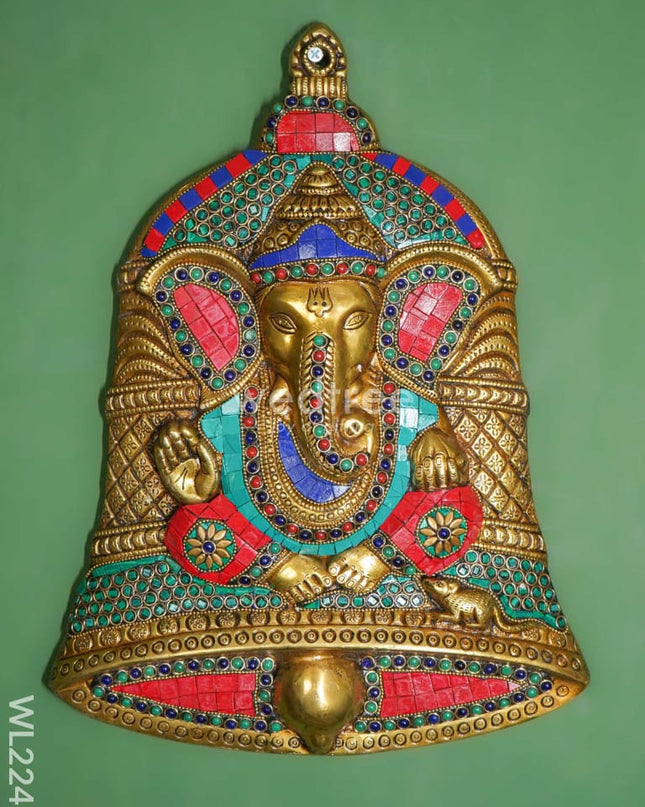Brass Stone Work Bell Ganesha Wall Hanging - Wl2247 Figurines