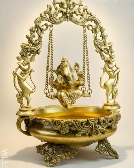 Brass Swing Ganesha Urli - 21 inch - WL5564 - Brass Urli