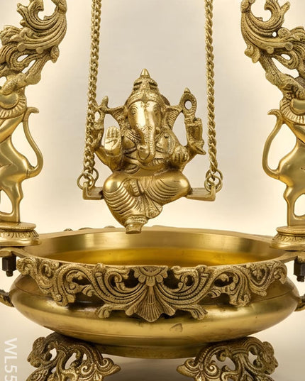 Brass Swing Ganesha Urli - 21 inch - WL5564 - Brass Urli