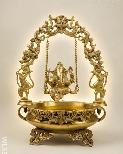 Brass Swing Ganesha Urli - 21 inch - WL5564 - Brass Urli