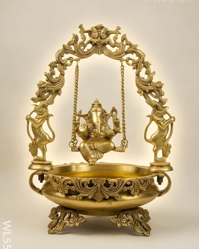 Brass Swing Ganesha Urli - 21 inch - WL5564 - Brass Urli