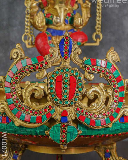 Brass Swing Ganesha Urli With Peacock Design (Green & Red Stones) - Wl0071-1