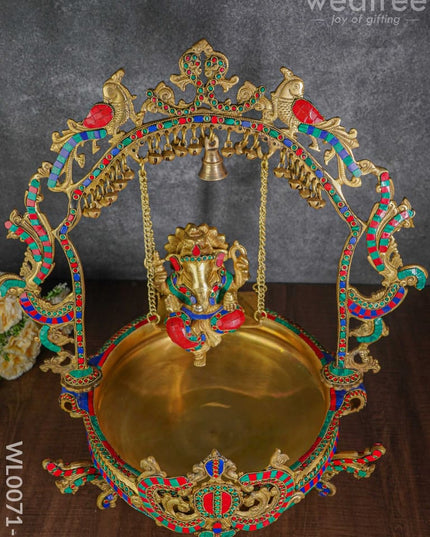 Brass Swing Ganesha Urli With Peacock Design (Green & Red Stones) - Wl0071-1