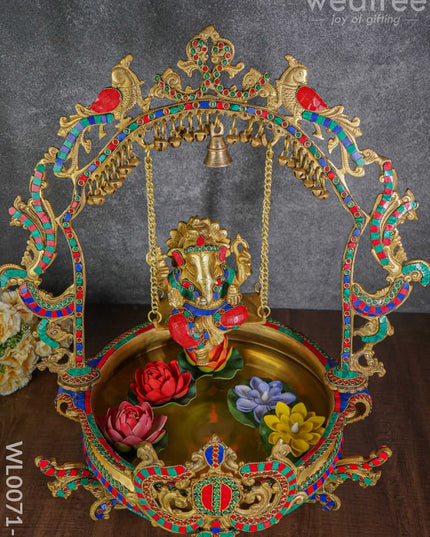 Brass Swing Ganesha Urli With Peacock Design (Green & Red Stones) - Wl0071-1
