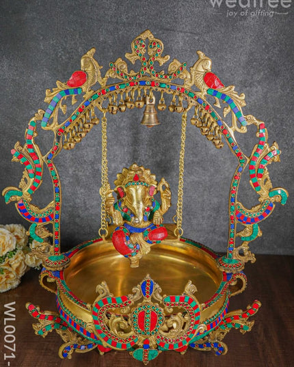 Brass Swing Ganesha Urli With Peacock Design (Green & Red Stones) - Wl0071-1