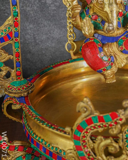 Brass Swing Ganesha Urli With Peacock Design (Green & Red Stones) - Wl0071-1