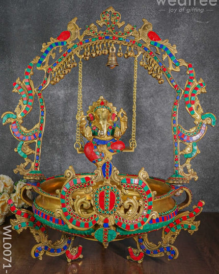 Brass Swing Ganesha Urli With Peacock Design (Green & Red Stones) - Wl0071-1
