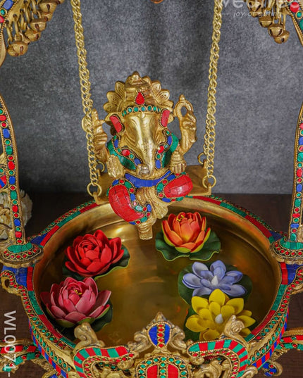 Brass Swing Ganesha Urli With Peacock Design (Green & Red Stones) - Wl0071-1