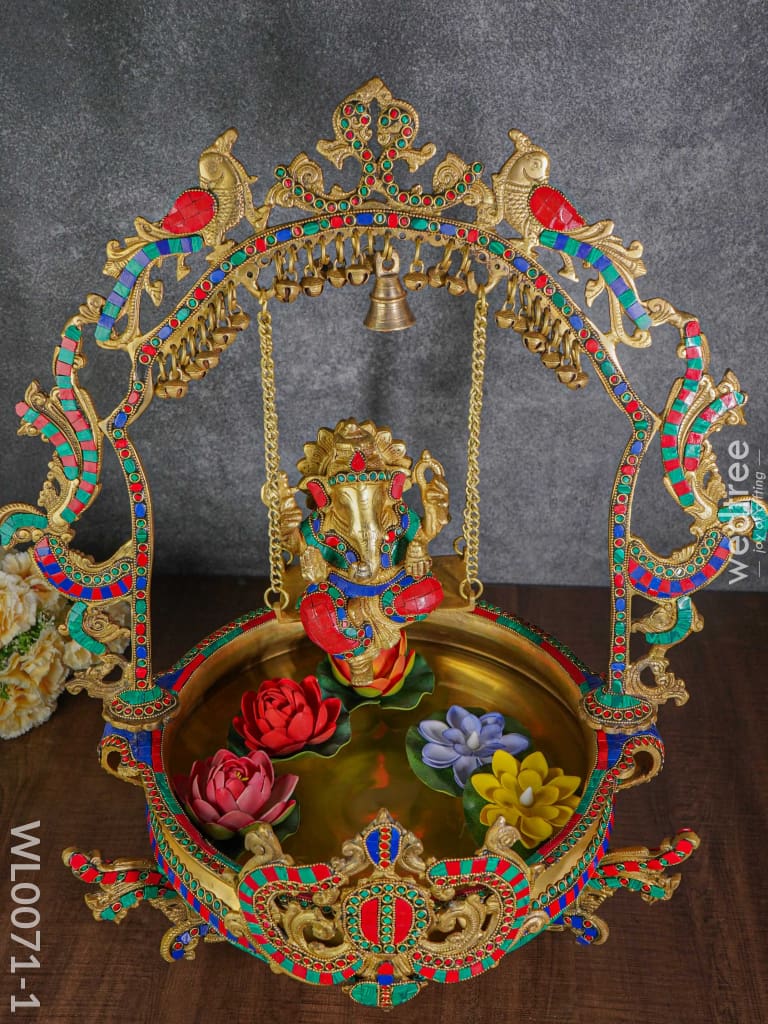Brass Swing Ganesha Urli With Peacock Design (Green & Red Stones) - Wl0071-1
