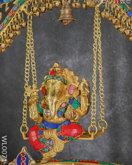 Brass Swing Ganesha Urli With Peacock Design (Green & Red Stones) - Wl0071-1