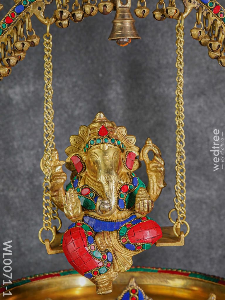 Brass Swing Ganesha Urli With Peacock Design (Green & Red Stones) - Wl0071-1