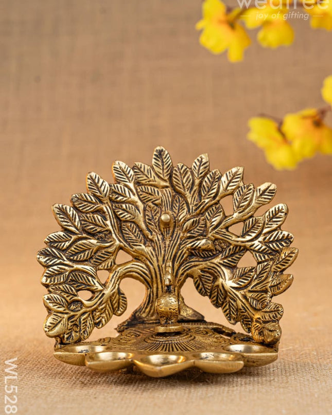 Brass Tree Peacock Five Face Diya - 4 inch - WL5288 - Brass Diya