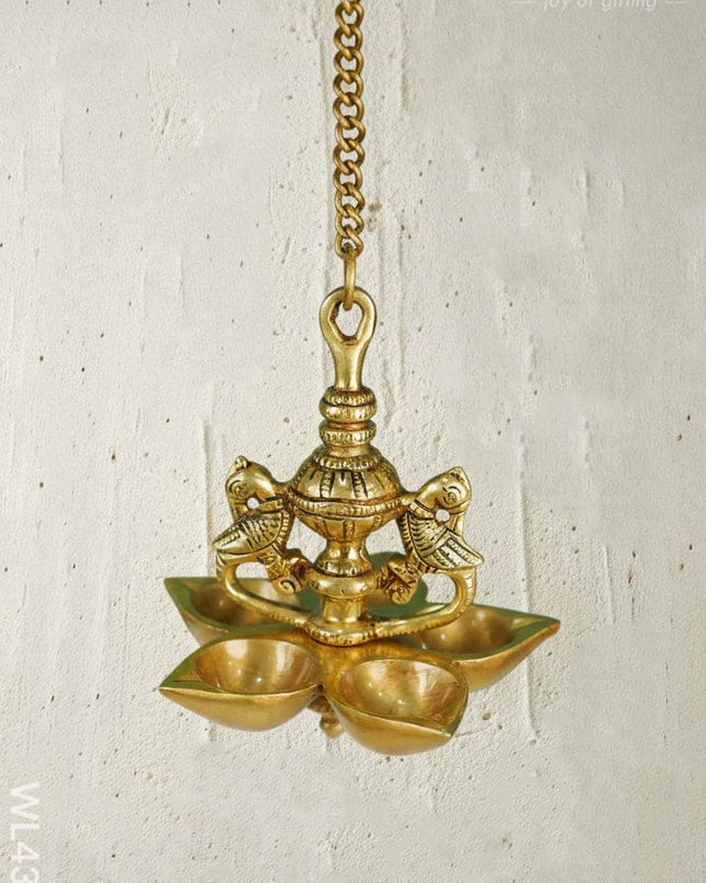 Brass Twin-Peacock Hanging 5-Face Diya - WL4383 - Brass Diya