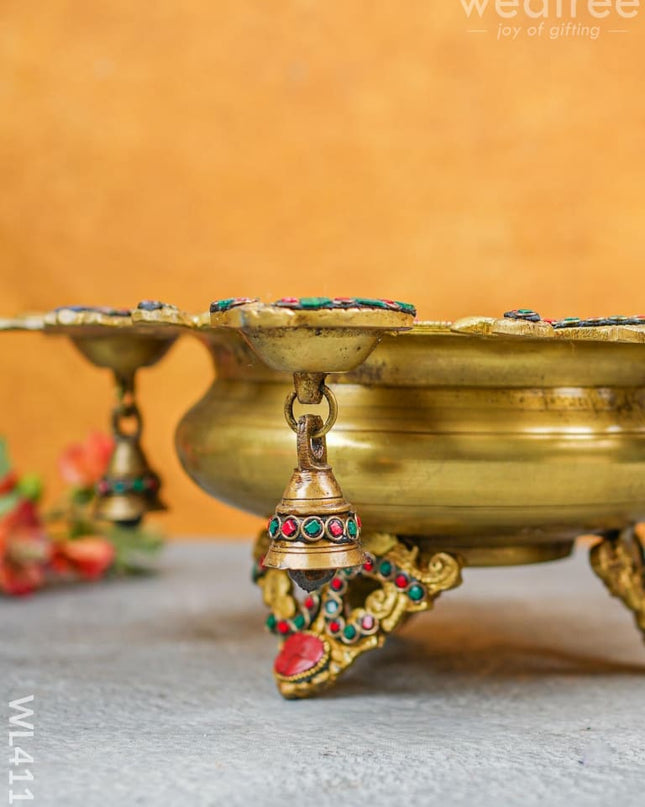 Brass Urli With Diya And Bells - Stonework -Wl4118