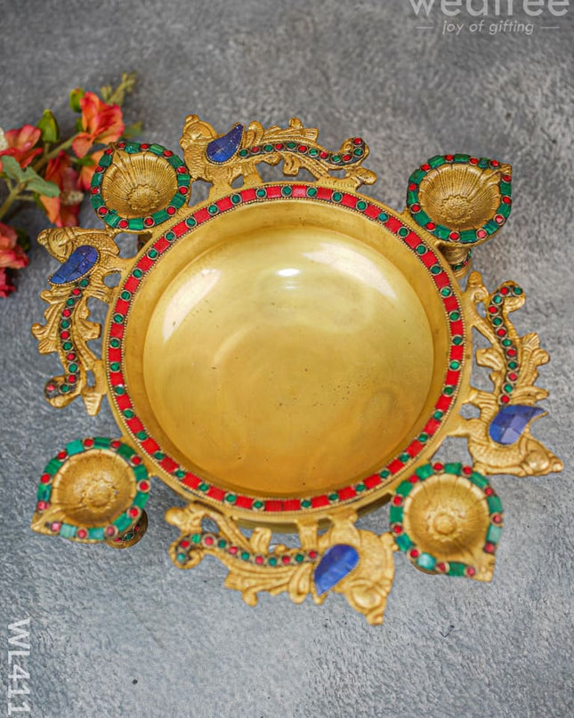 Brass Urli With Diya And Bells - Stonework -Wl4118