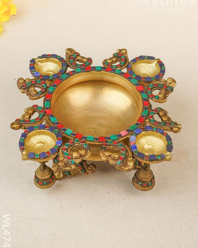 Brass Urli With Diya And Bells - Stonework Wl4745